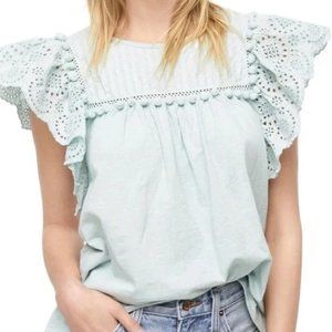 JCrew Eyelet Flutter Top w/ Pompom Details